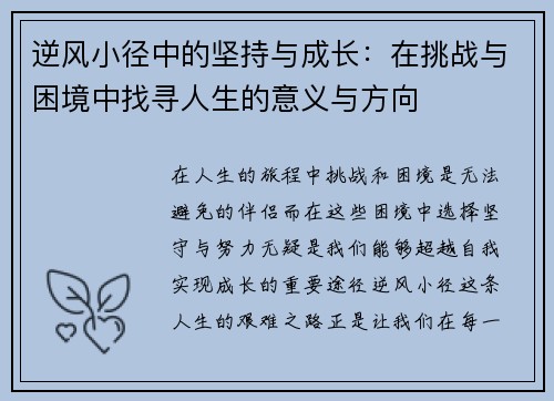 逆风小径中的坚持与成长：在挑战与困境中找寻人生的意义与方向